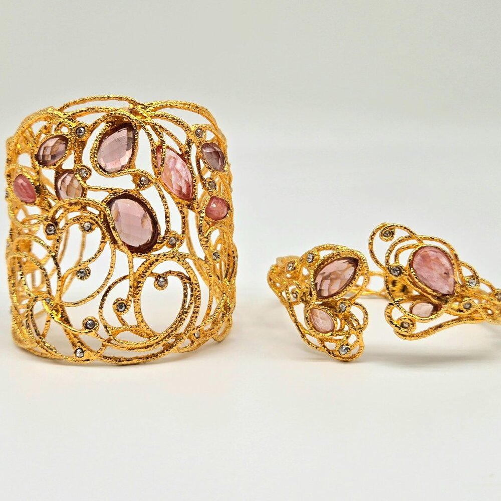 Alexis Bittar Mauritius Two-Cuff Bracelet Set – Couture Gold Filigree Pink Stone